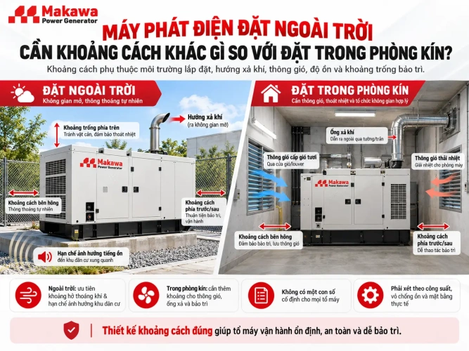 Máy phát điện đặt ngoài trời cần khoảng cách khác gì so với đặt trong phòng kín? Máy phát điện đặt ngoài trời cần khoảng cách khác gì so với đặt trong phòng kín?