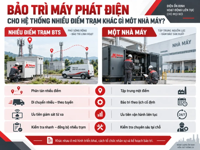 Bảo trì máy phát điện cho hệ thống nhiều điểm trạm khác gì một nhà máy?