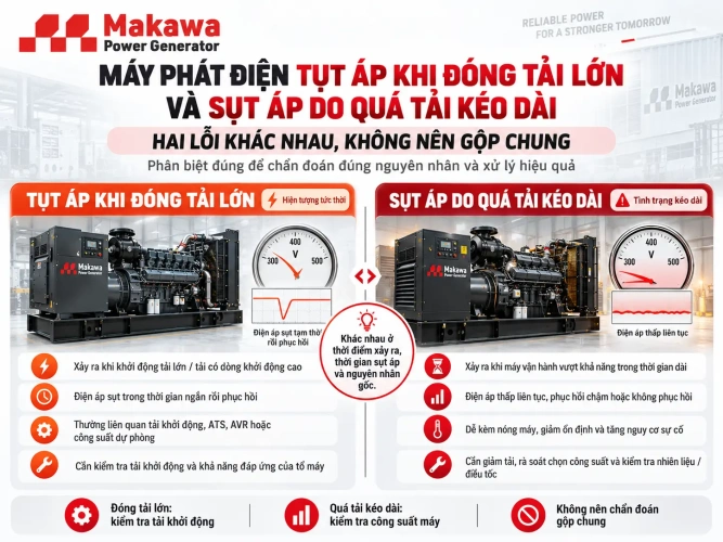 Máy phát điện tụt áp khi đóng tải lớn và sụt áp do quá tải kéo dài — hai lỗi khác nhau, không nên gộp chung Máy phát điện tụt áp khi đóng tải lớn và sụt áp do quá tải kéo dài — hai lỗi khác nhau, không nên gộp chung