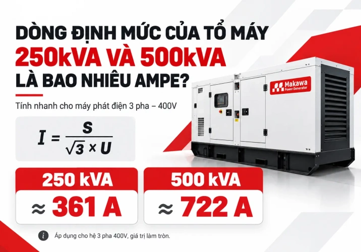 Dòng định mức của tổ máy 250kVA và 500kVA là bao nhiêu ampe? Dòng định mức của tổ máy 250kVA và 500kVA là bao nhiêu ampe?
