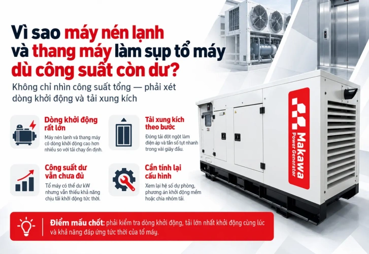 Vì sao máy nén lạnh và thang máy làm sụp tổ máy dù công suất còn dư?