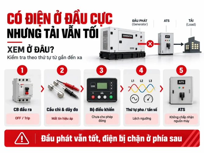 Có điện ở đầu cực nhưng tải vẫn tối thì xem ở đâu?