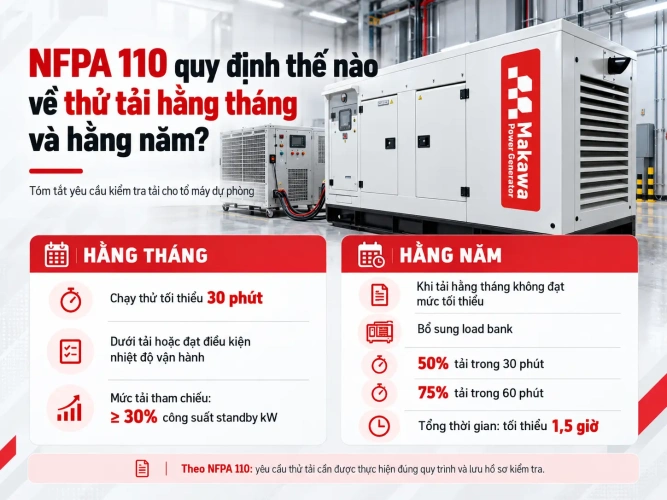 NFPA 110 quy định thế nào về thử tải hằng tháng và hằng năm?