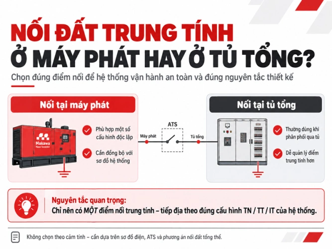 Nối đất trung tính ở máy phát hay ở tủ tổng?